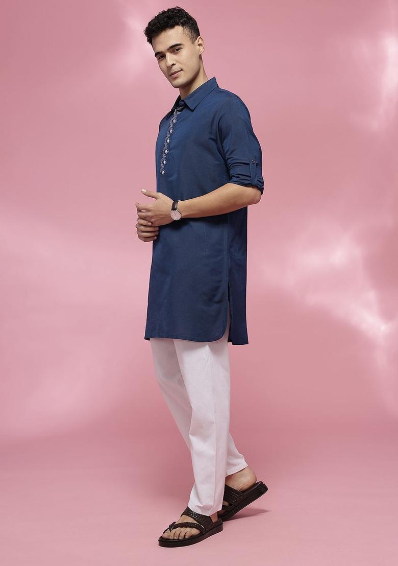 Blue Solid Polyester Kurta For Men - Indya