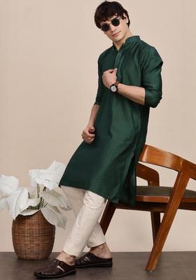 Green Striped Cotton Kurta For Men