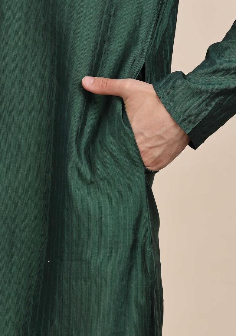 Green Striped Cotton Kurta For Men - Indya