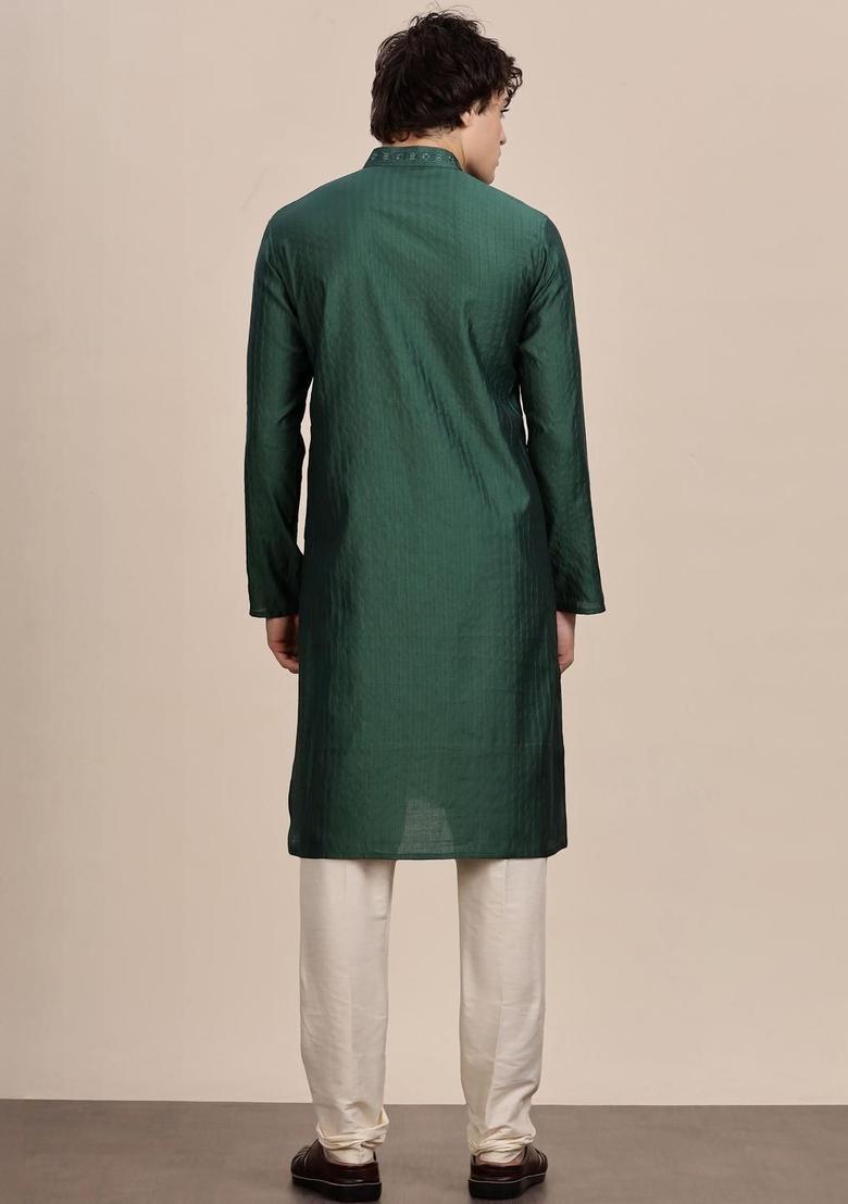 Green Striped Cotton Kurta For Men - Indya