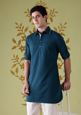 Blue Woven Design Polyester Kurta For Men