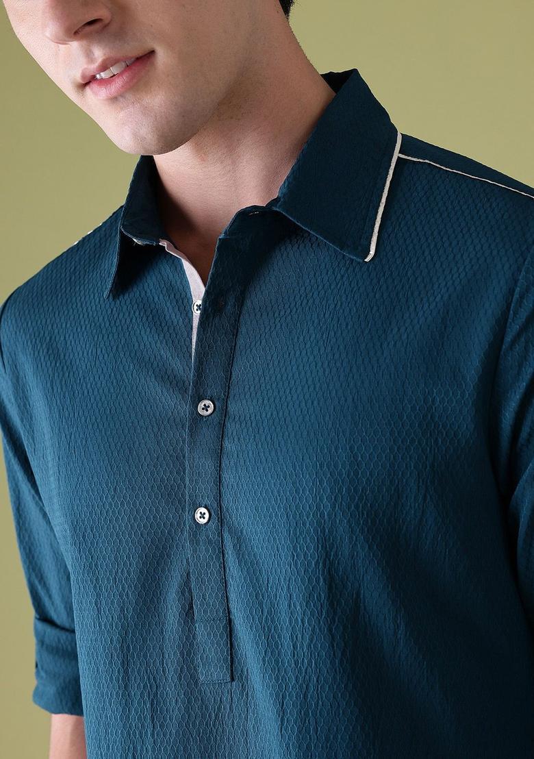 Blue Woven Design Polyester Kurta For Men - Indya
