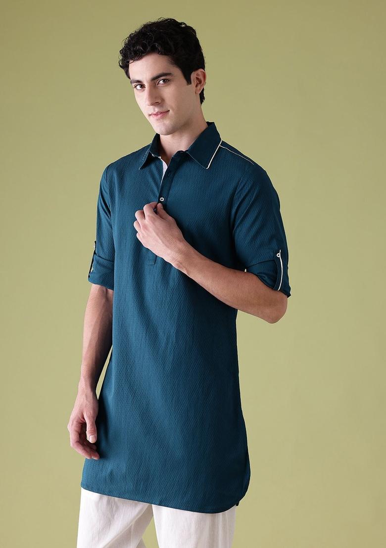 Blue Woven Design Polyester Kurta For Men - Indya