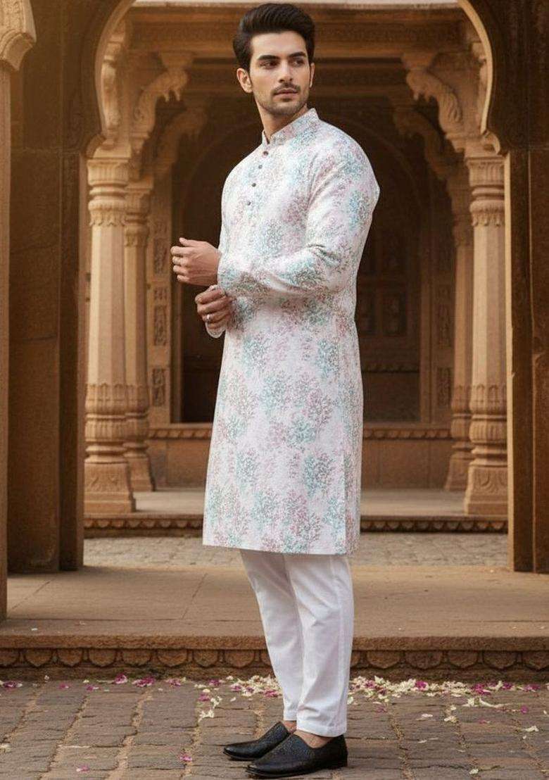 Multi Printed Jacquard Kurta For Men - Indya