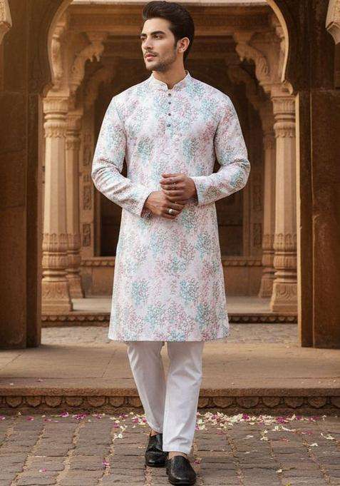 Multi Printed Jacquard Kurta For Men