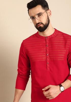 Red Striped Cotton Kurta For Men