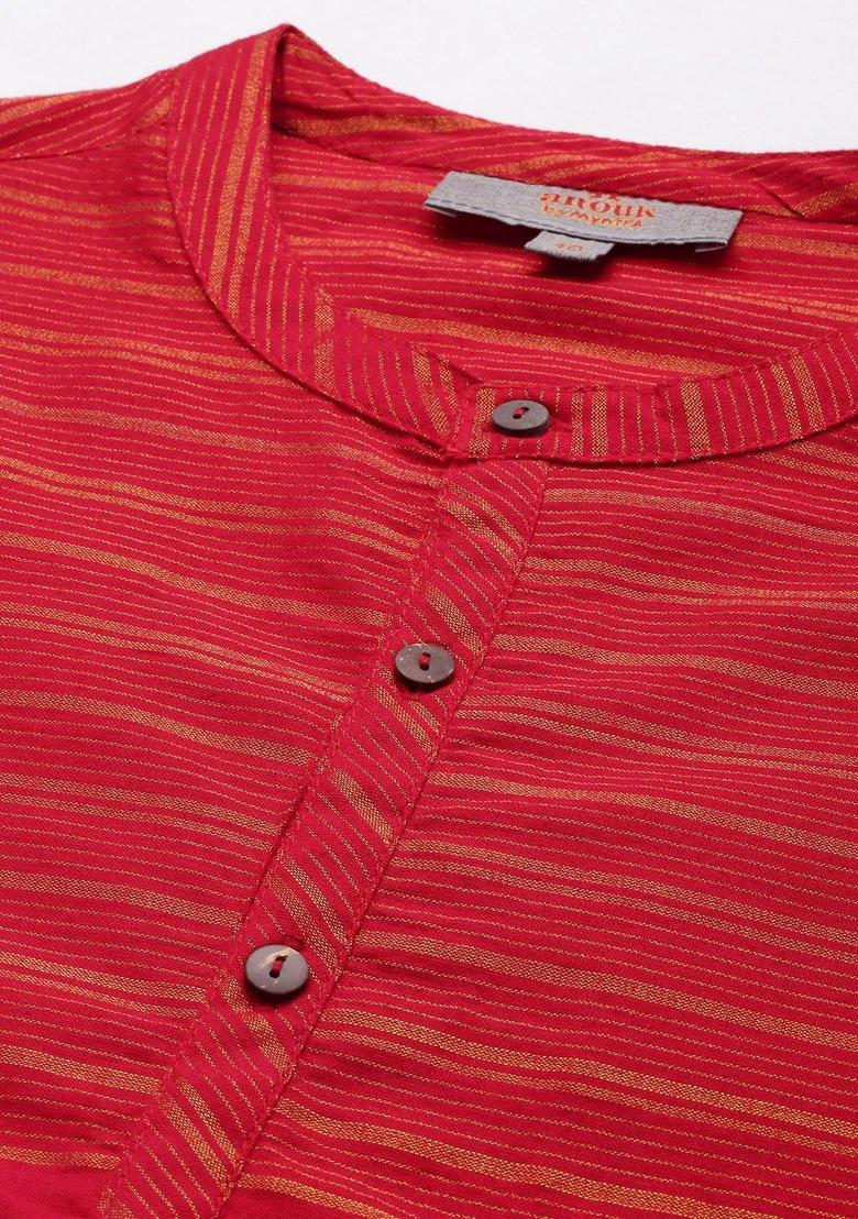 Red Striped Cotton Kurta For Men - Indya
