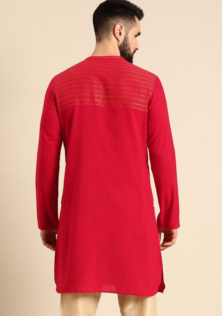 Red Striped Cotton Kurta For Men - Indya