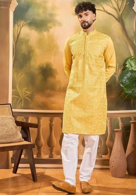 Yellow Embroidered Blended Kurta For Men