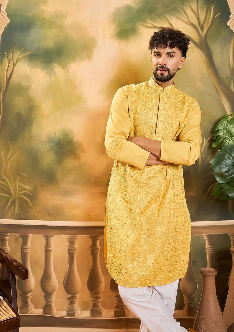 Yellow Embroidered Blended Kurta For Men - Indya