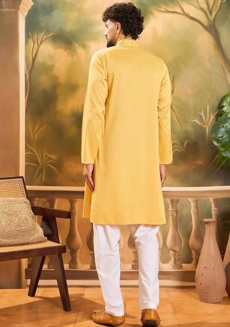 Yellow Embroidered Blended Kurta For Men - Indya