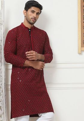 Red Embroidered Viscose Kurta For Men