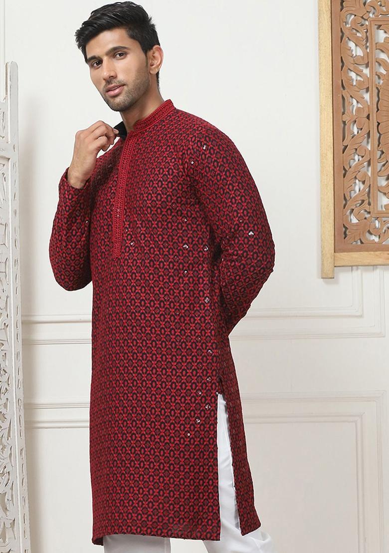 Red Embroidered Viscose Kurta For Men - Indya