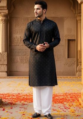 Black Woven Design Jacquard Kurta For Men