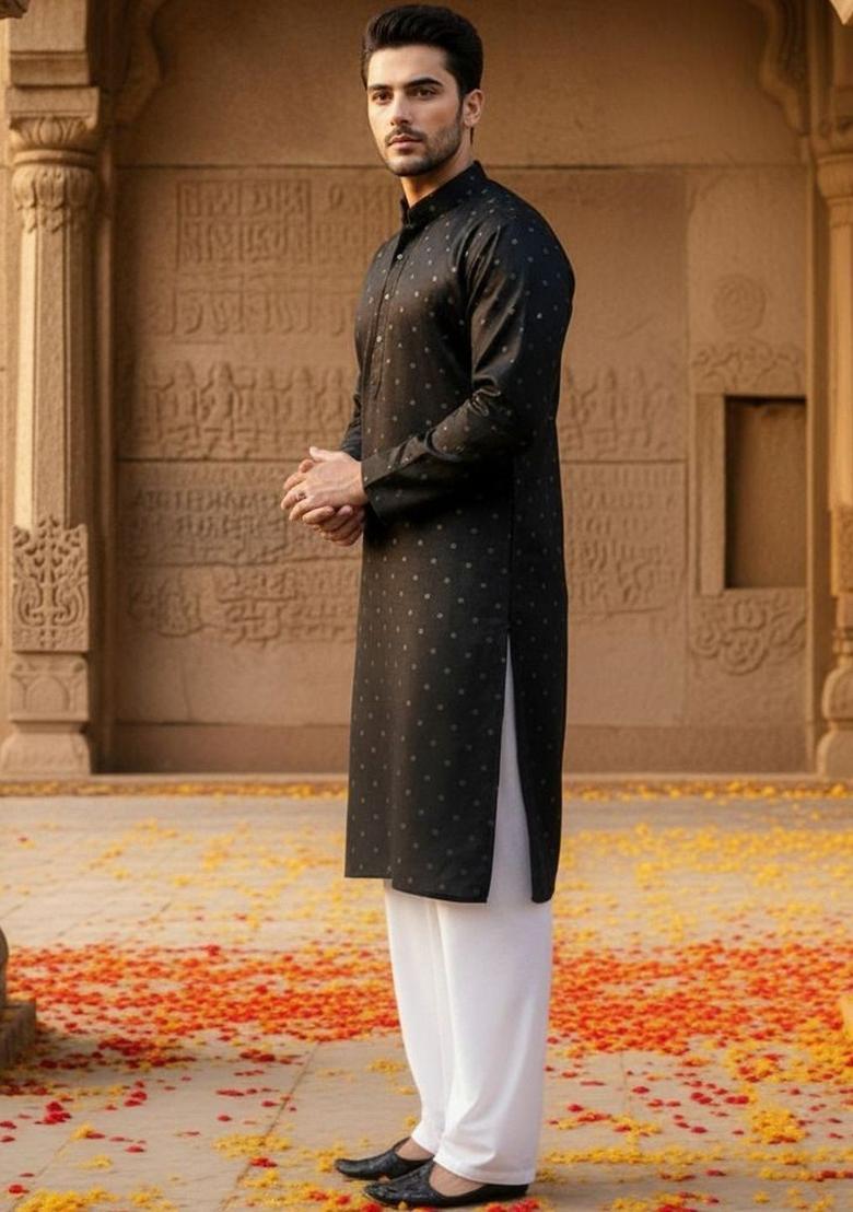 Black Woven Design Jacquard Kurta For Men - Indya
