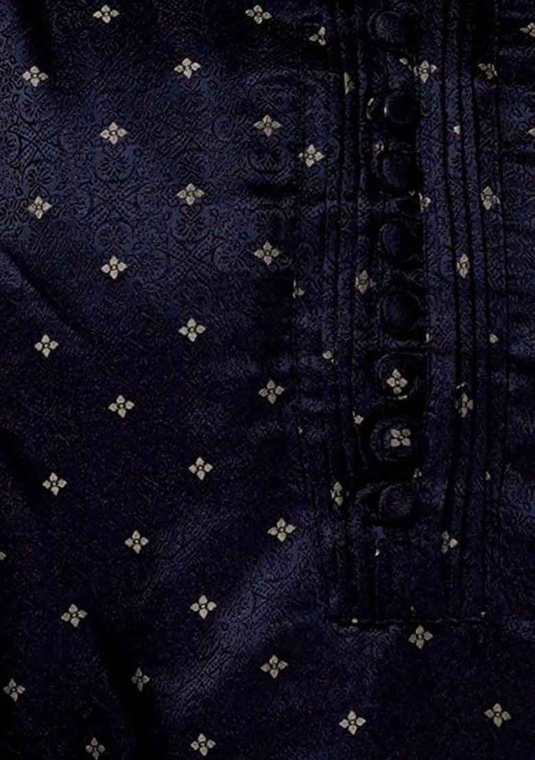 Black Woven Design Jacquard Kurta For Men - Indya