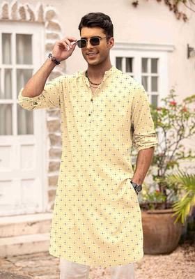 Yellow Printed Blended Kurta For Men