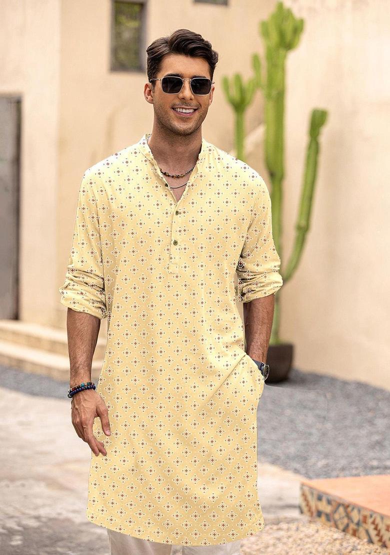 Yellow Printed Blended Kurta For Men - Indya