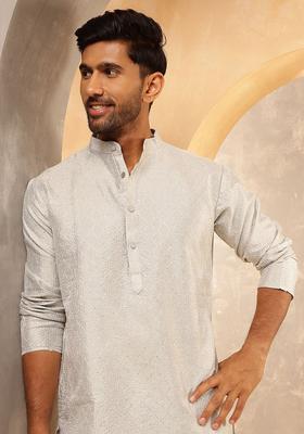 Grey Embroidered Silk Kurta For Men