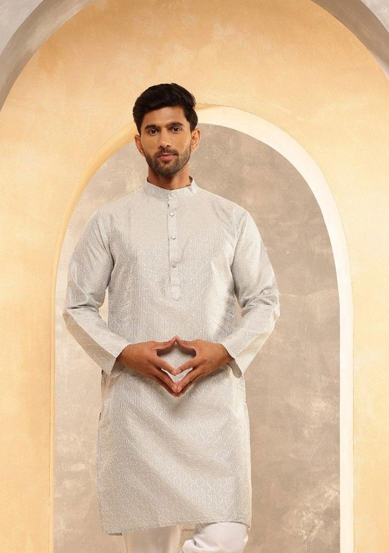 Grey Embroidered Silk Kurta For Men - Indya