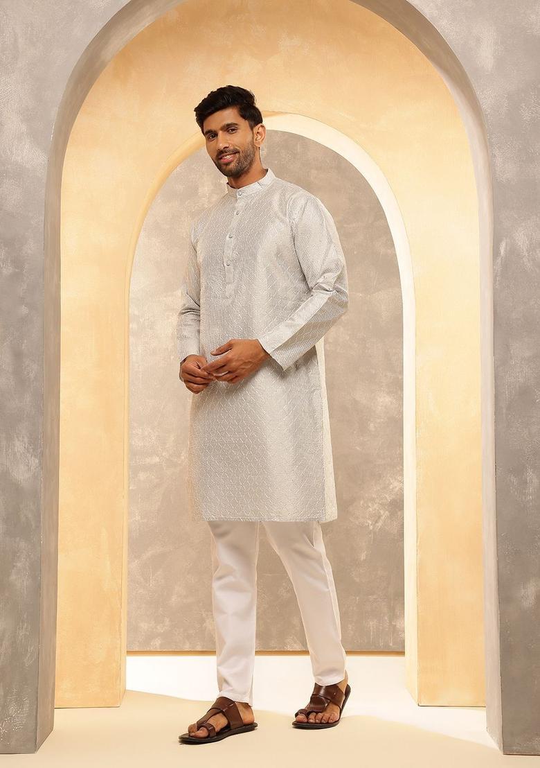 Grey Embroidered Silk Kurta For Men - Indya
