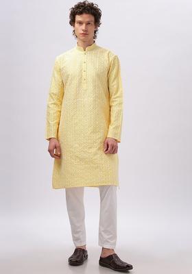 Yellow Woven Design Cotton Kurta For Men