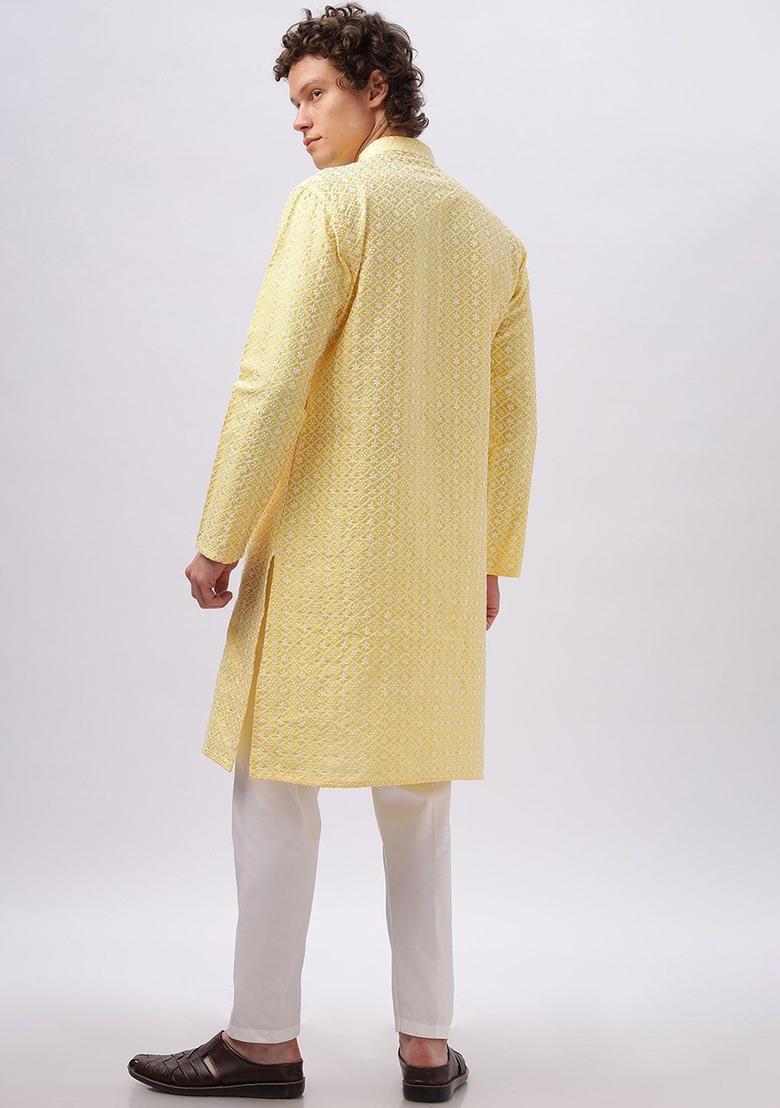 Yellow Woven Design Cotton Kurta For Men - Indya