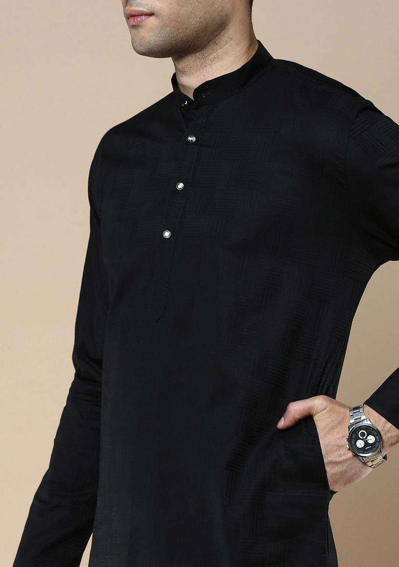Black Striped Silk Kurta For Men - Indya