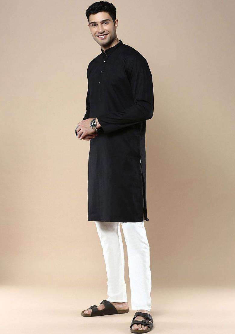 Black Striped Silk Kurta For Men - Indya