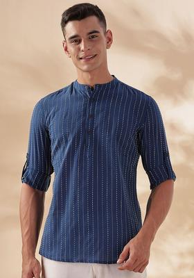 Blue Striped Cotton Kurta For Men