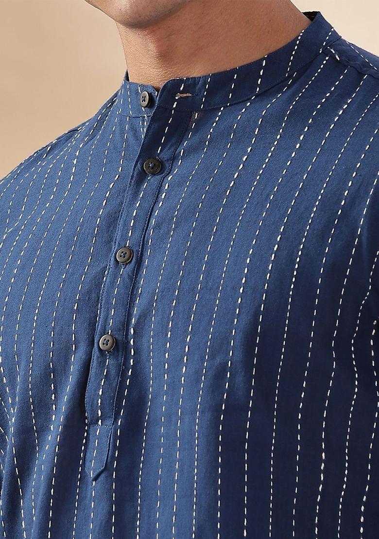 Blue Striped Cotton Kurta For Men - Indya
