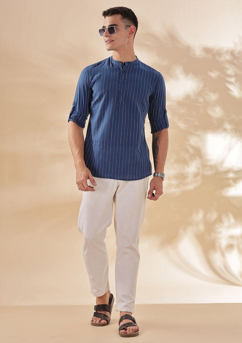 Blue Striped Cotton Kurta For Men - Indya