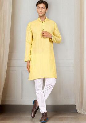 Yellow Woven Design Polyester Kurta For Men