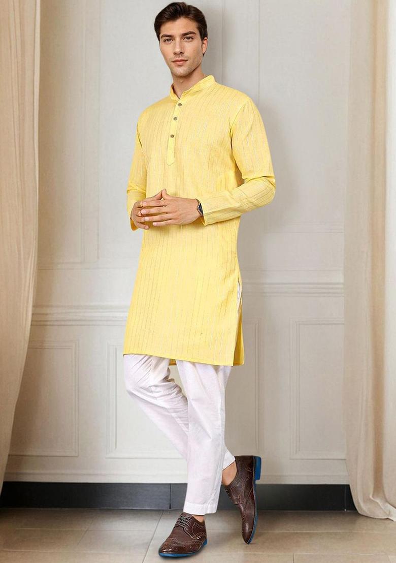 Yellow Woven Design Polyester Kurta For Men - Indya