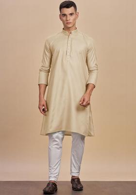 Beige Solid Cotton Kurta For Men