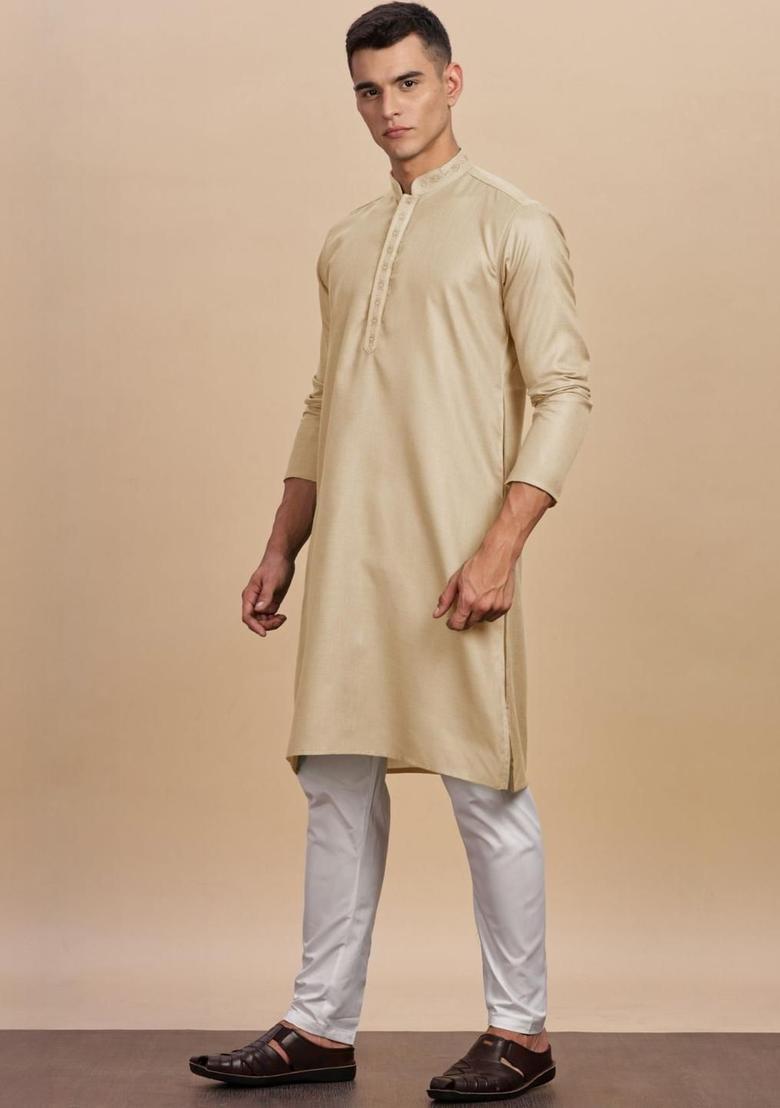 Beige Solid Cotton Kurta For Men - Indya