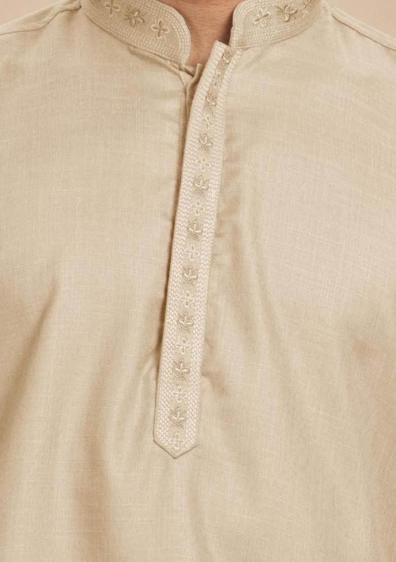Beige Solid Cotton Kurta For Men - Indya