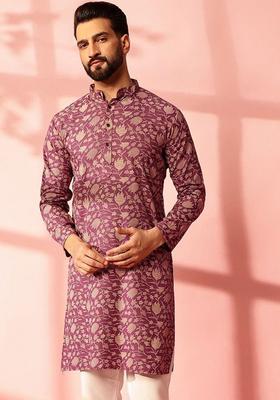 Purple Printed Cotton Kurta For Men