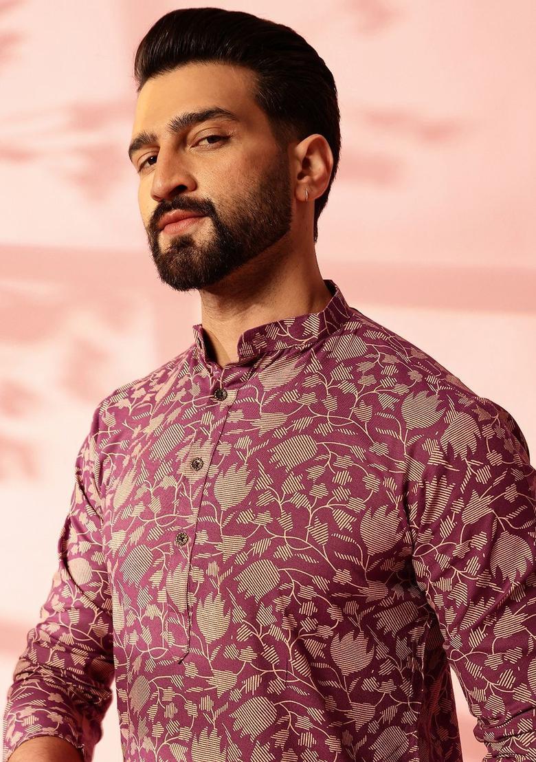 Purple Printed Cotton Kurta For Men - Indya