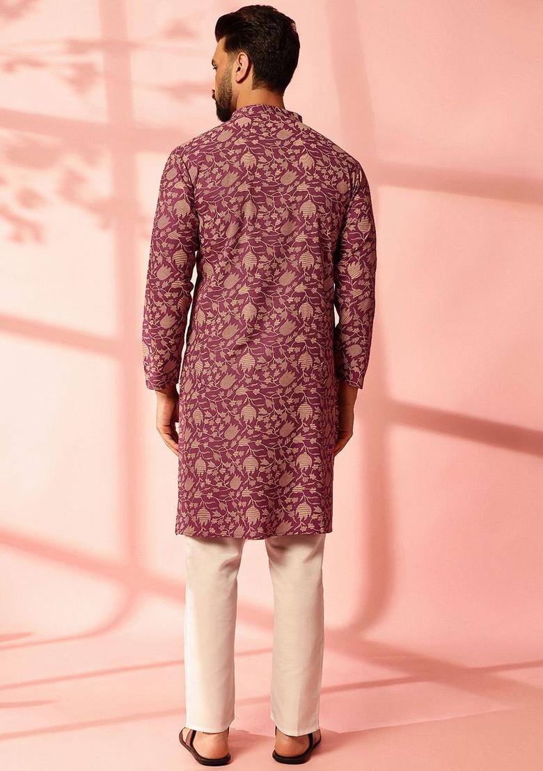 Purple Printed Cotton Kurta For Men - Indya