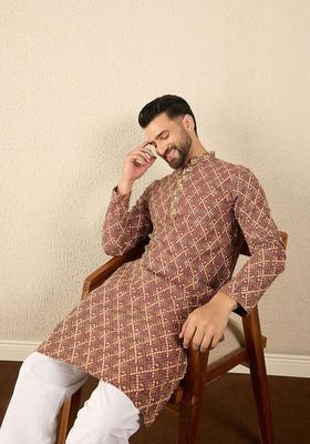Brown Embroidered Viscose Kurta For Men