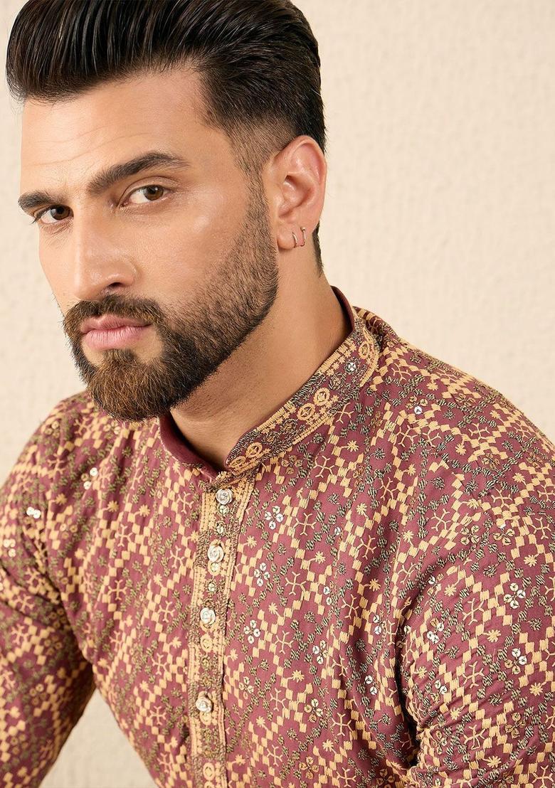 Brown Embroidered Viscose Kurta For Men - Indya