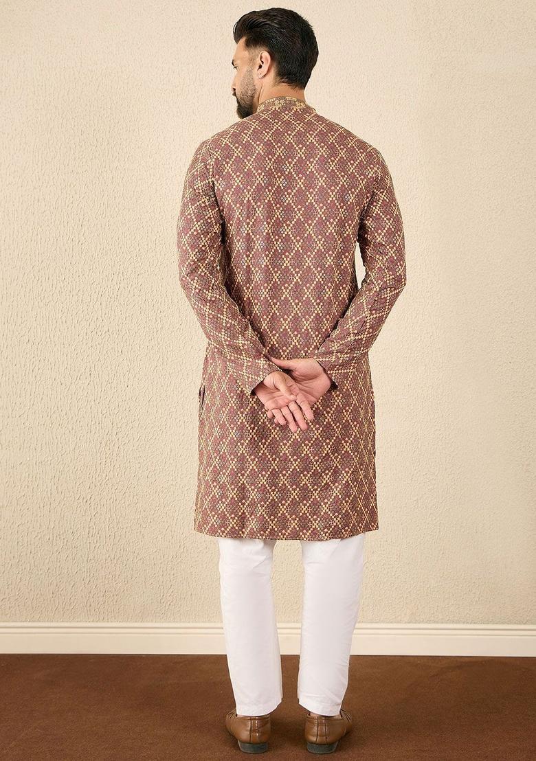 Brown Embroidered Viscose Kurta For Men - Indya