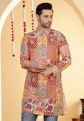 Maroon Printed Viscose Kurta For Men