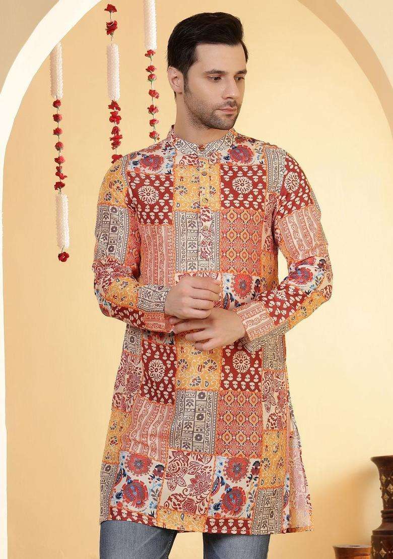 Maroon Printed Viscose Kurta For Men - Indya