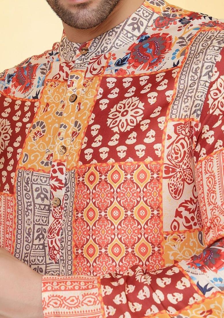 Maroon Printed Viscose Kurta For Men - Indya