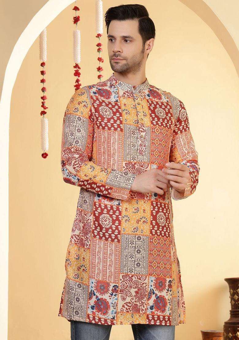 Maroon Printed Viscose Kurta For Men - Indya