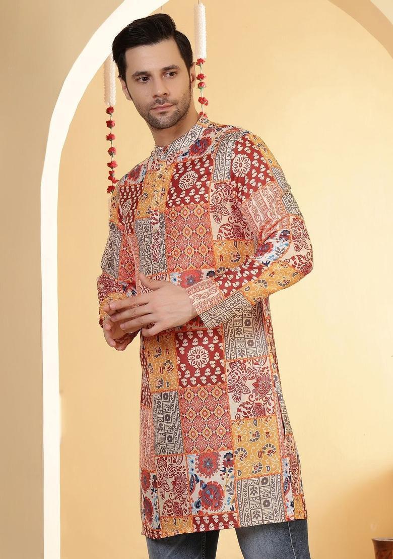 Maroon Printed Viscose Kurta For Men - Indya