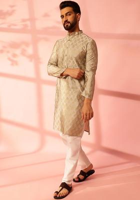 Grey Woven Design Silk Kurta For Men
