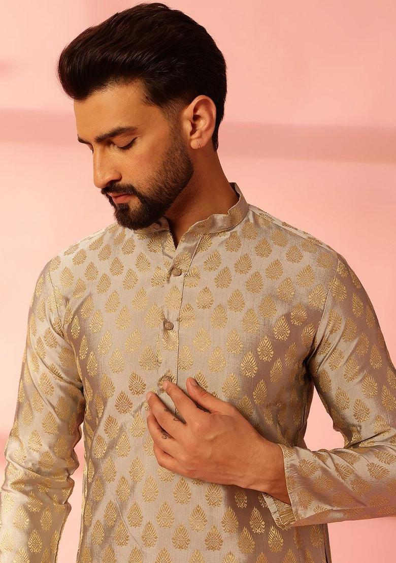 Grey Woven Design Silk Kurta For Men - Indya